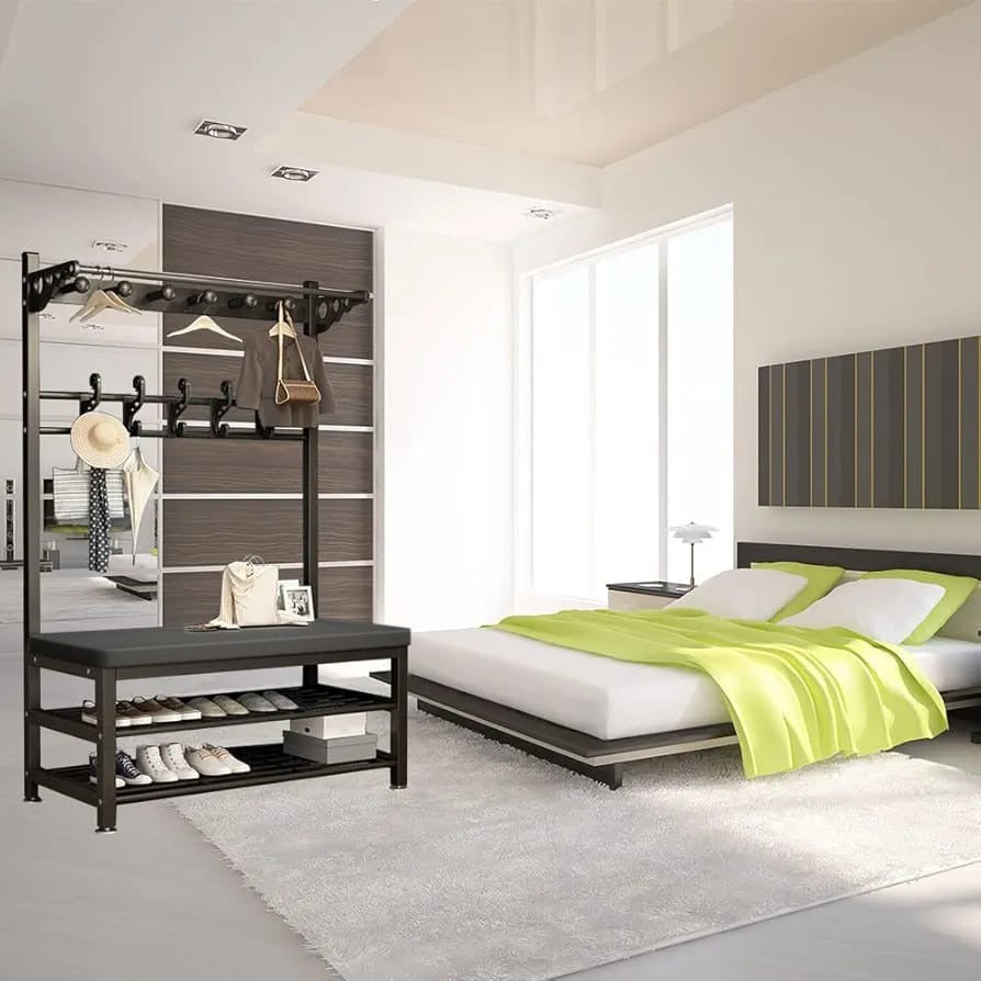 Large Coat Stand Hanger with Shoe Rack Bench Is Placed On the Side Of Bedroom.
