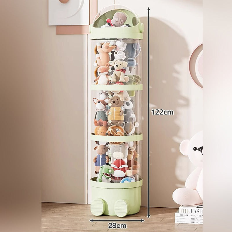 A Large Toy Storage Bin Organizer Box with Dolls are Stuffed in it.