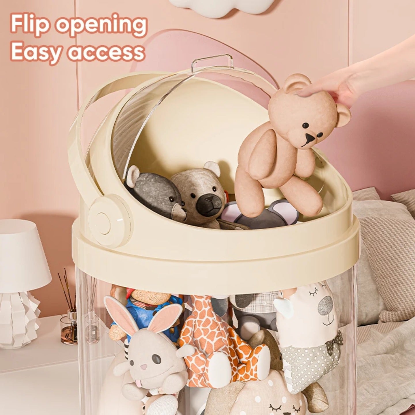 A Person is Keeping Doll on Large Toy Storage Bin Organizer Box.