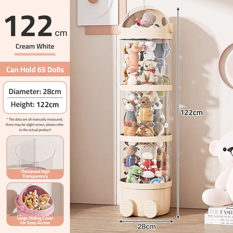 A Large Toy Storage Bin Organizer Box with Dolls are Stuffed in it.