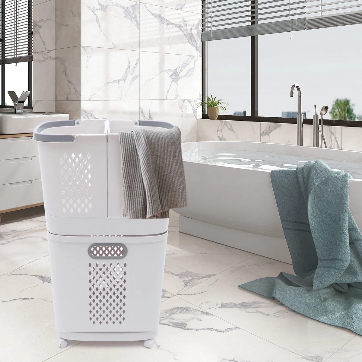 Laundry basket in a modern bathroom with marble floors and walls, placed near a bathtub with towels draped over both.