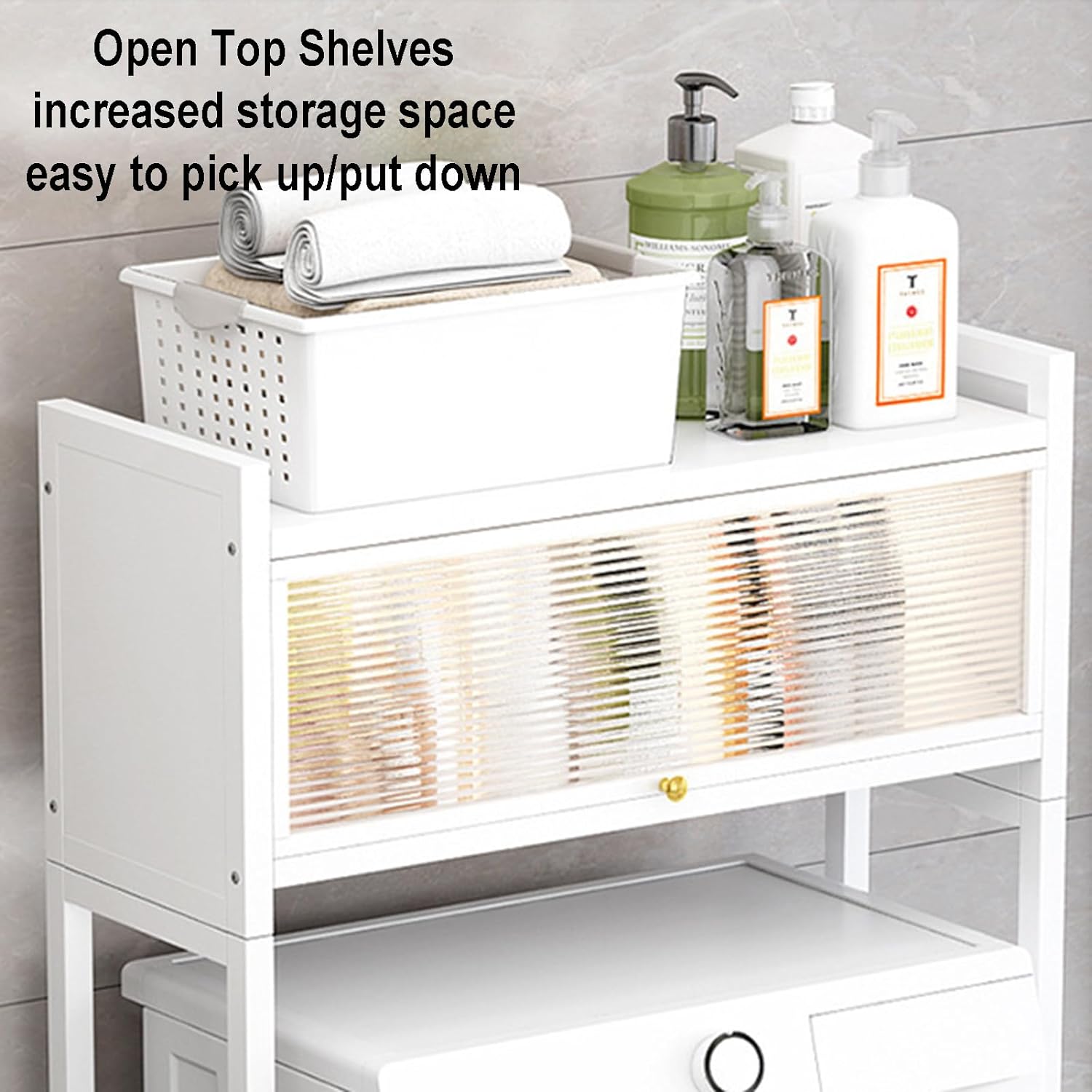 Bathroom Necesseries Are Arranged in a Laundry Room Storage Cabinet Organizer.