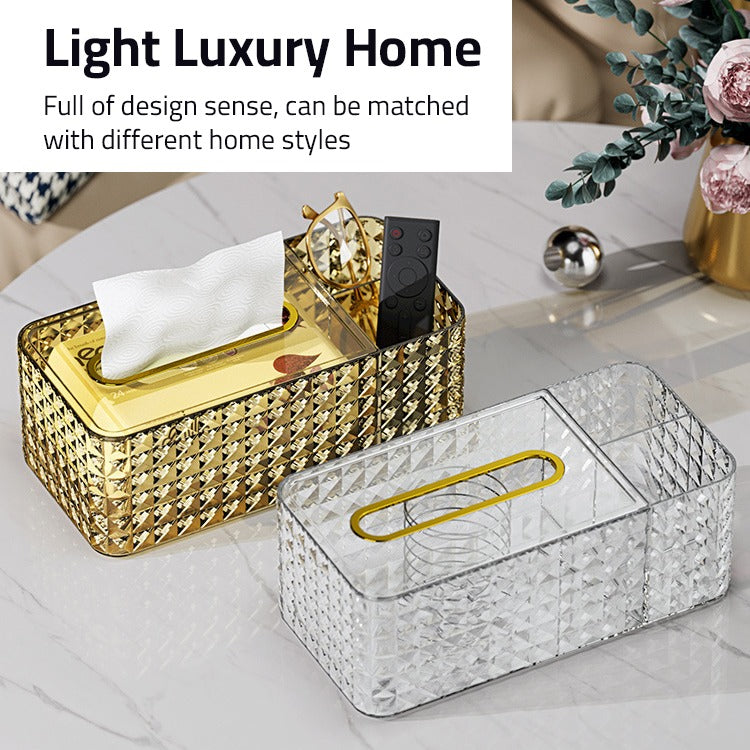 Luxury Tissue Box Holders Organized with Tissues and Remote Control, Eye Glasses in Compartments.