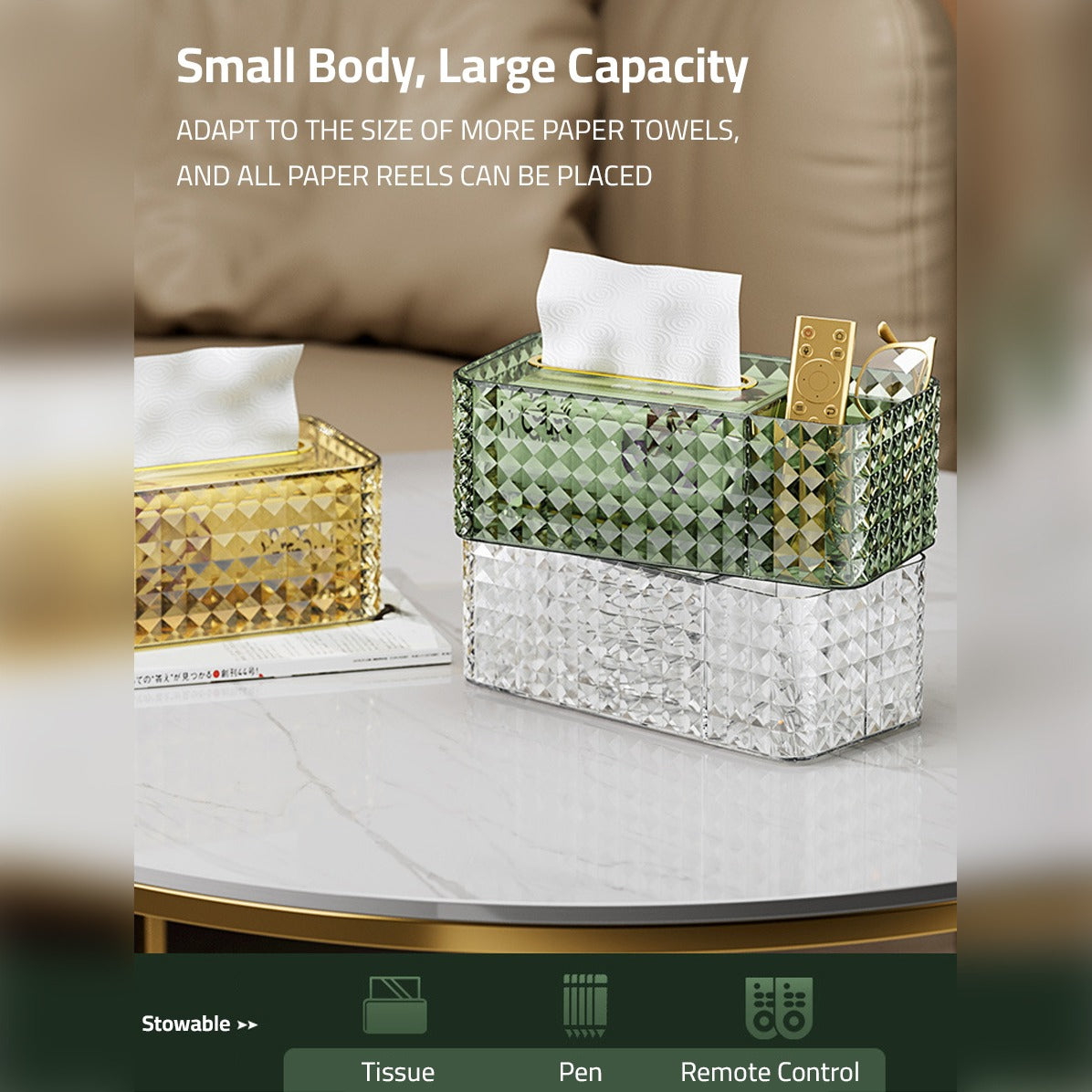 Different Color Variants Of Luxury Tissue Box Holder Loaded with Tissue Paper.