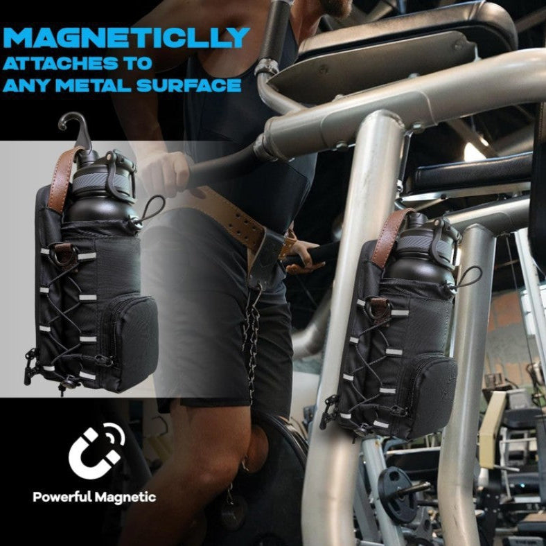 Magnetic Gym Bag Bottle Holder securely attached to gym equipment, keeping water bottle and essentials off the gym floor with a powerful magnetic attachment.