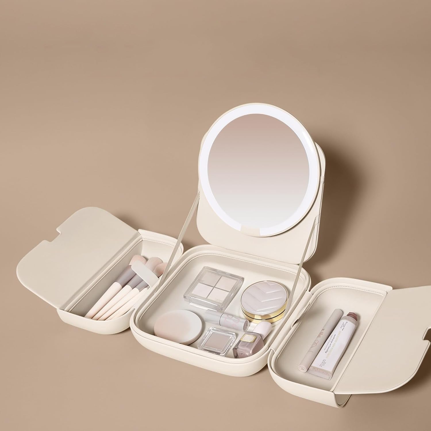 Makeup Essentials are Arranged in a Makeup Bag with LED Mirror.