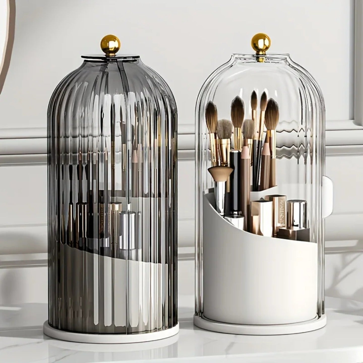 A Makeup Brush Holder Organizer Stand is Organized with Makeup Items.