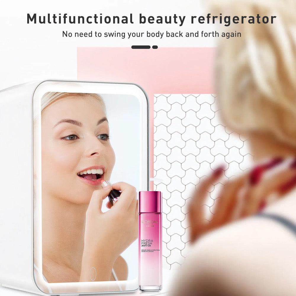 A Women is Doing Makeup By Looking The Mirror Of Mini Multifunction Cosmetic Refrigerator.