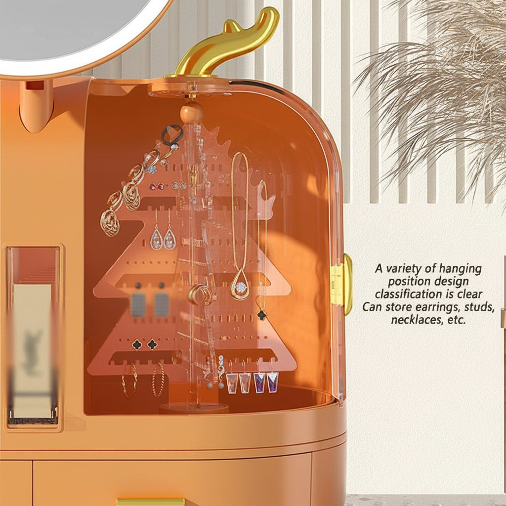 Orange jewelry organizer with hanging positions for earrings, necklaces, and other accessories.