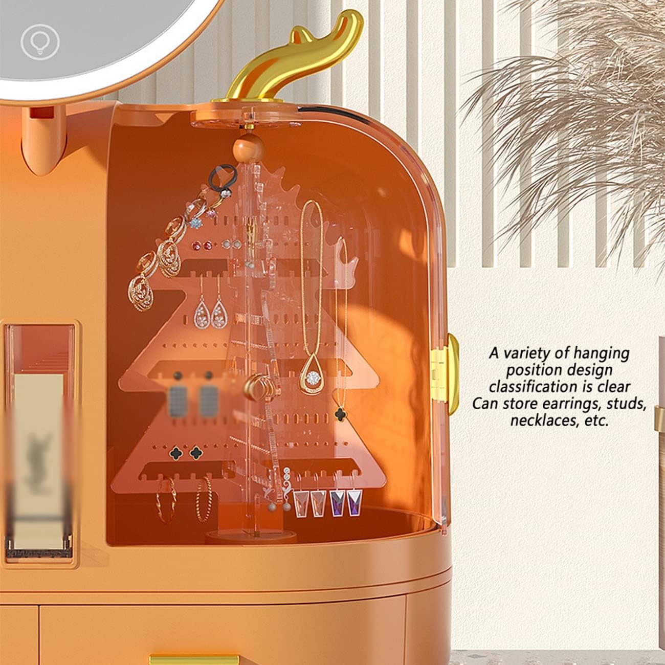 Orange jewelry organizer with hanging positions for earrings, necklaces, and other accessories.