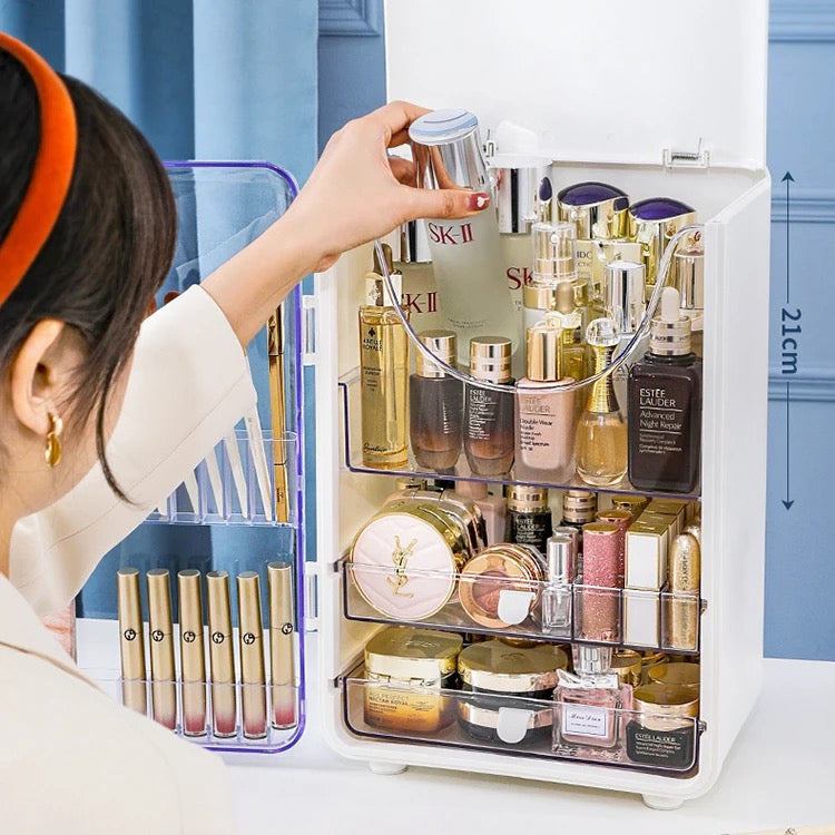A Women is Picking From Makeup Storage Box Organized With Cosmetics and Makeup Items.