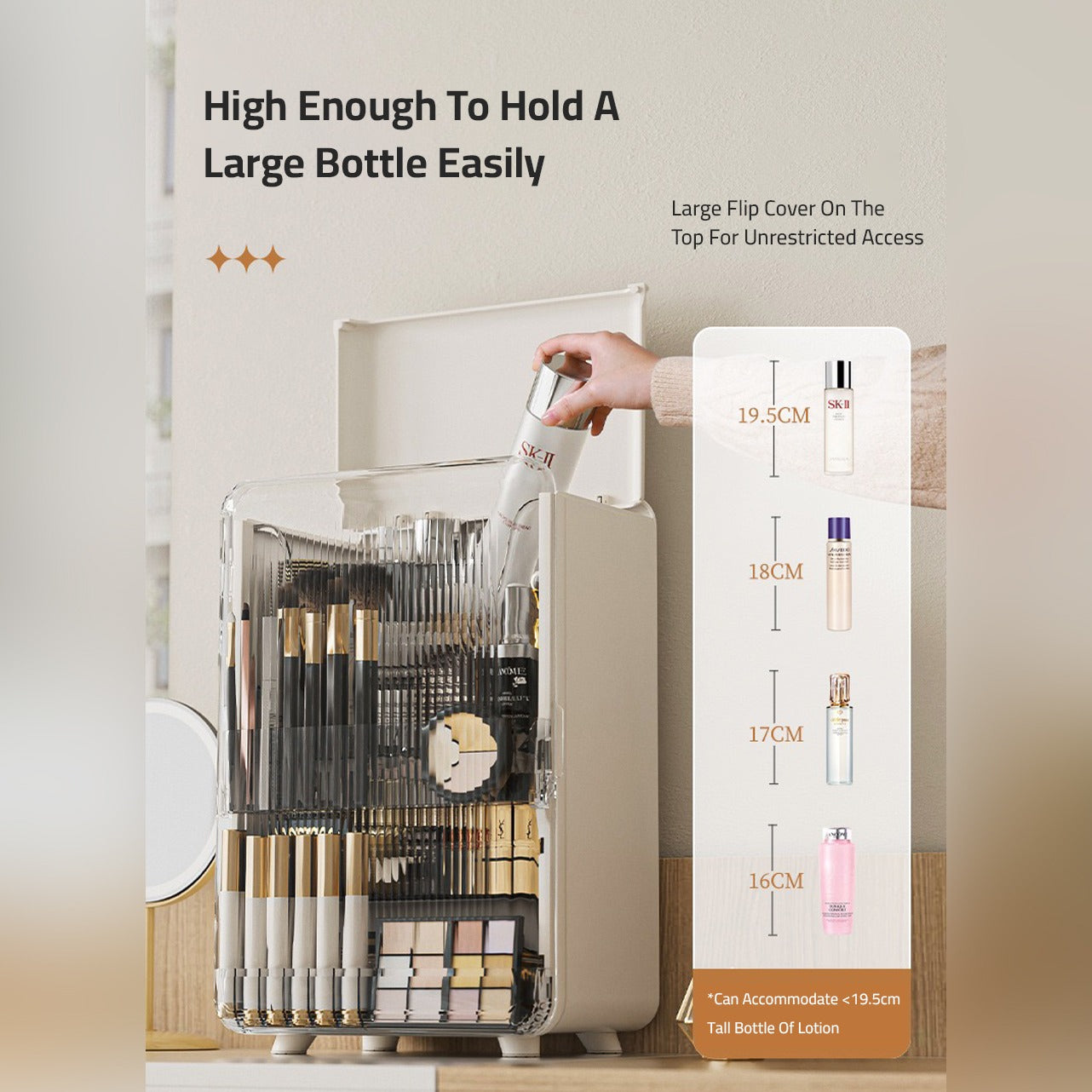 A Women is Picking From Makeup Storage Box Organized With Cosmetics and Makeup Items.