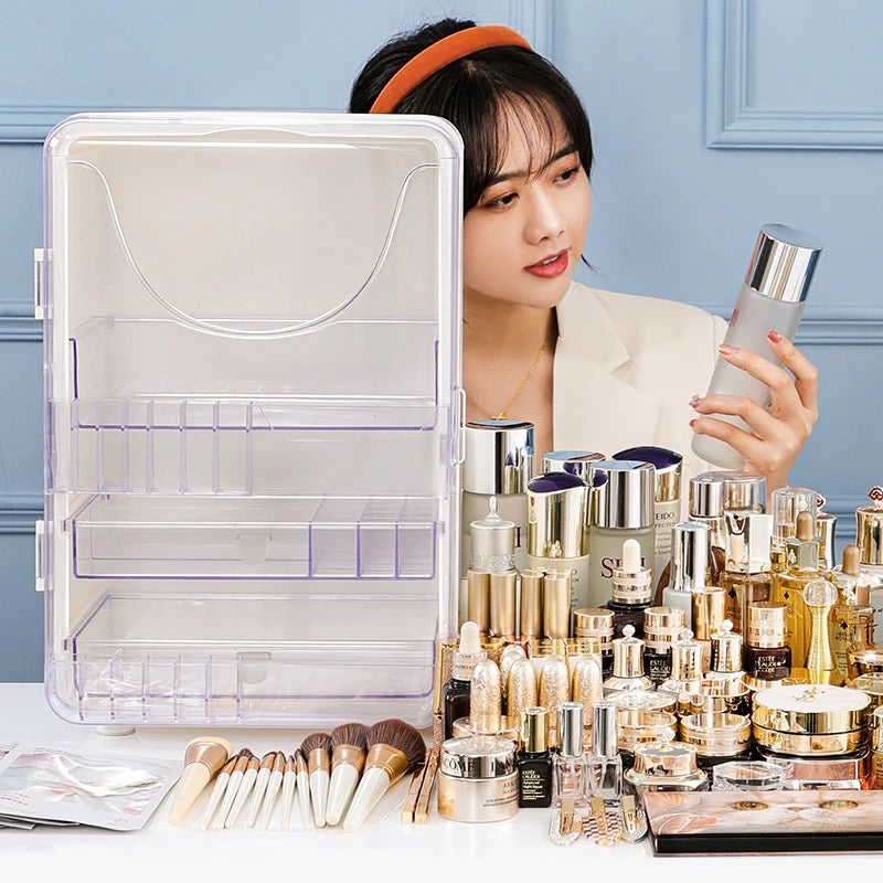 A Women is Organizing Makeup Storage Box Organized With Cosmetics and Makeup Items.