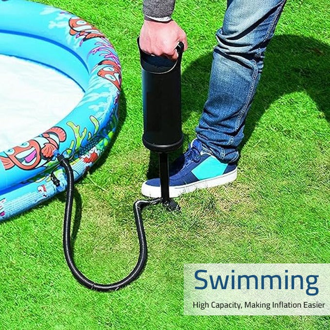 A Person is Filling Air On Swimming Pool Using Manual Air Pump.