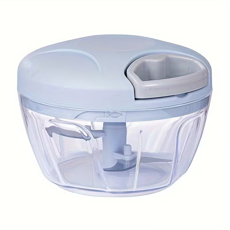 Handheld food chopper with a clear container and light blue lid on a white background