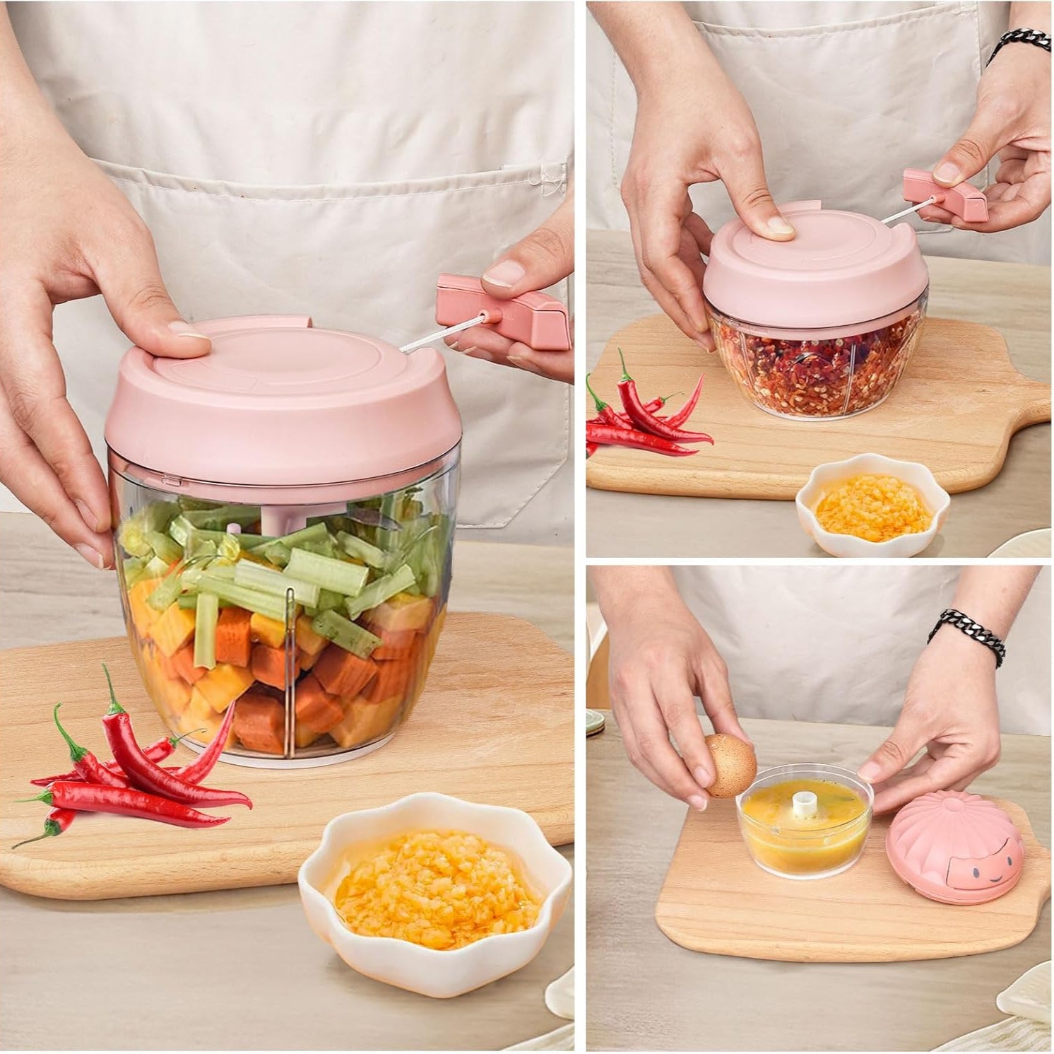 A Person is Using Manual Food Processor to Chop Food Items.