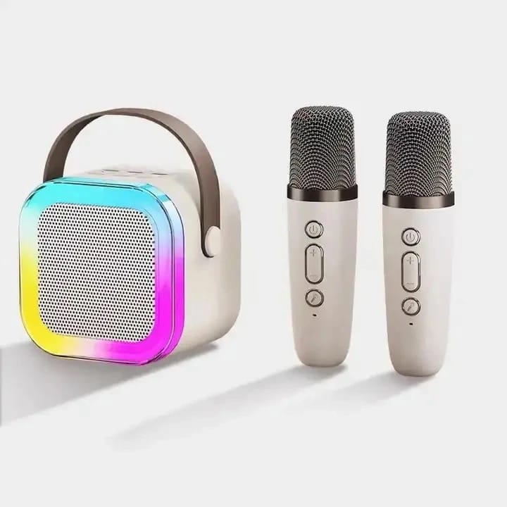 Beige Mini Bluetooth Speaker With Wireless Karaoke Microphone.