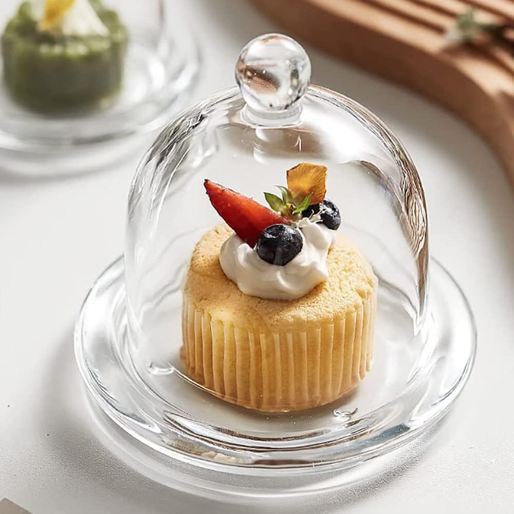 Mini Glass Cake & Pastry Serving Dome with Cake Served on it.
