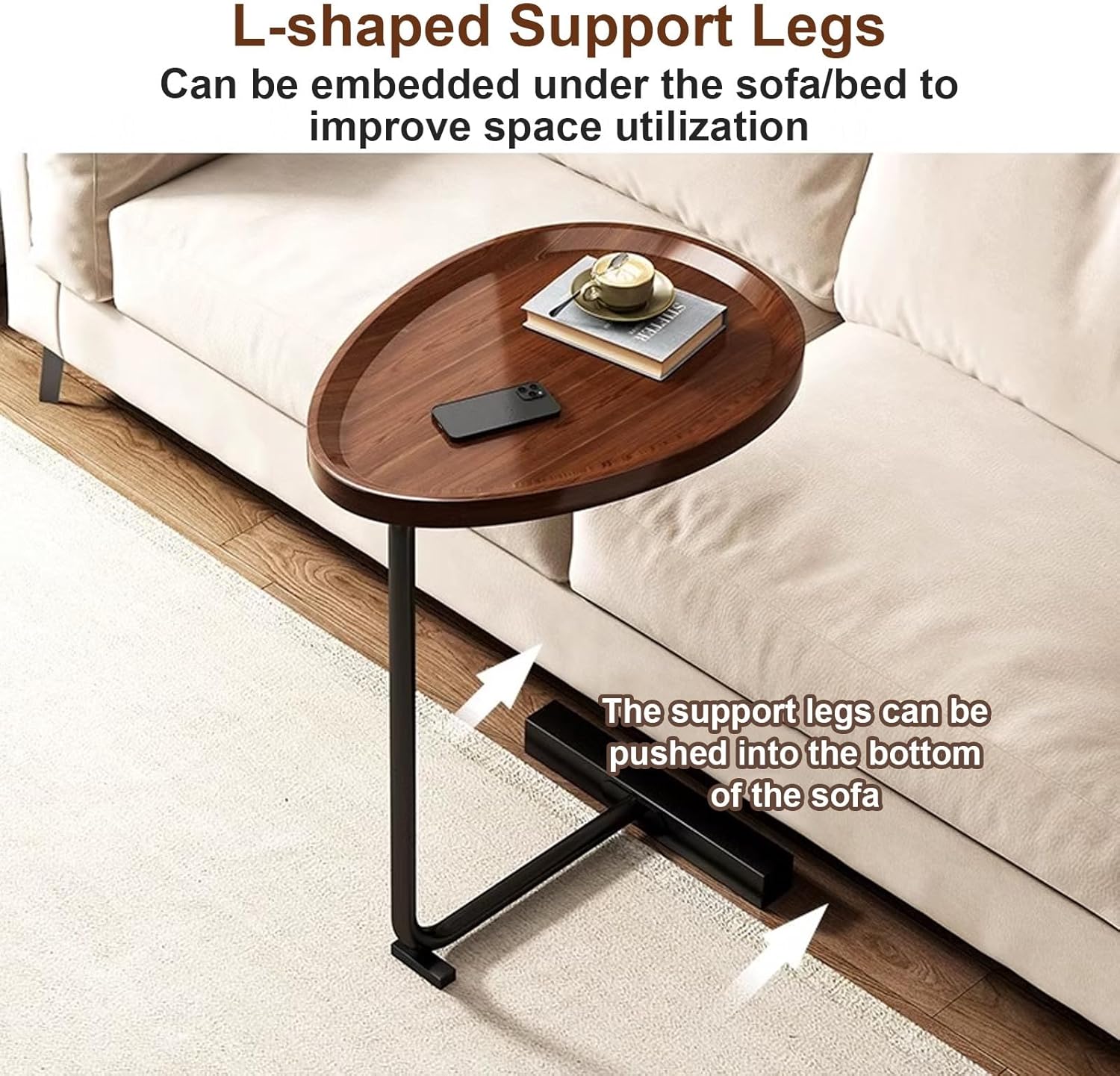 A Modern C-Shaped Side Coffee Table Placed Near Sofa.