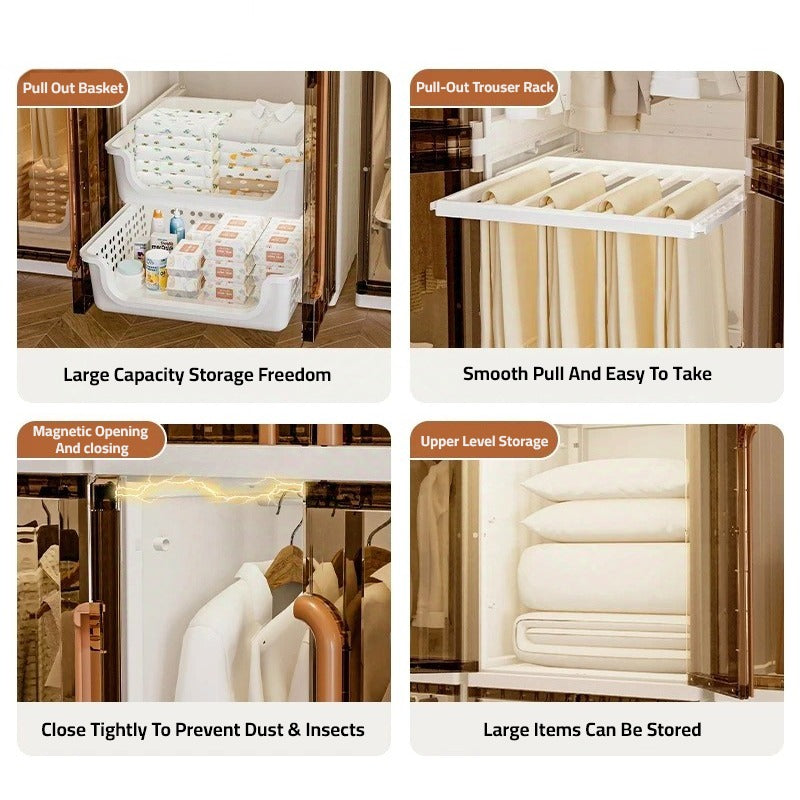 Parts Of Modern Wardrobe Cloth Storage Cabinet Rack Organized with Clothes.