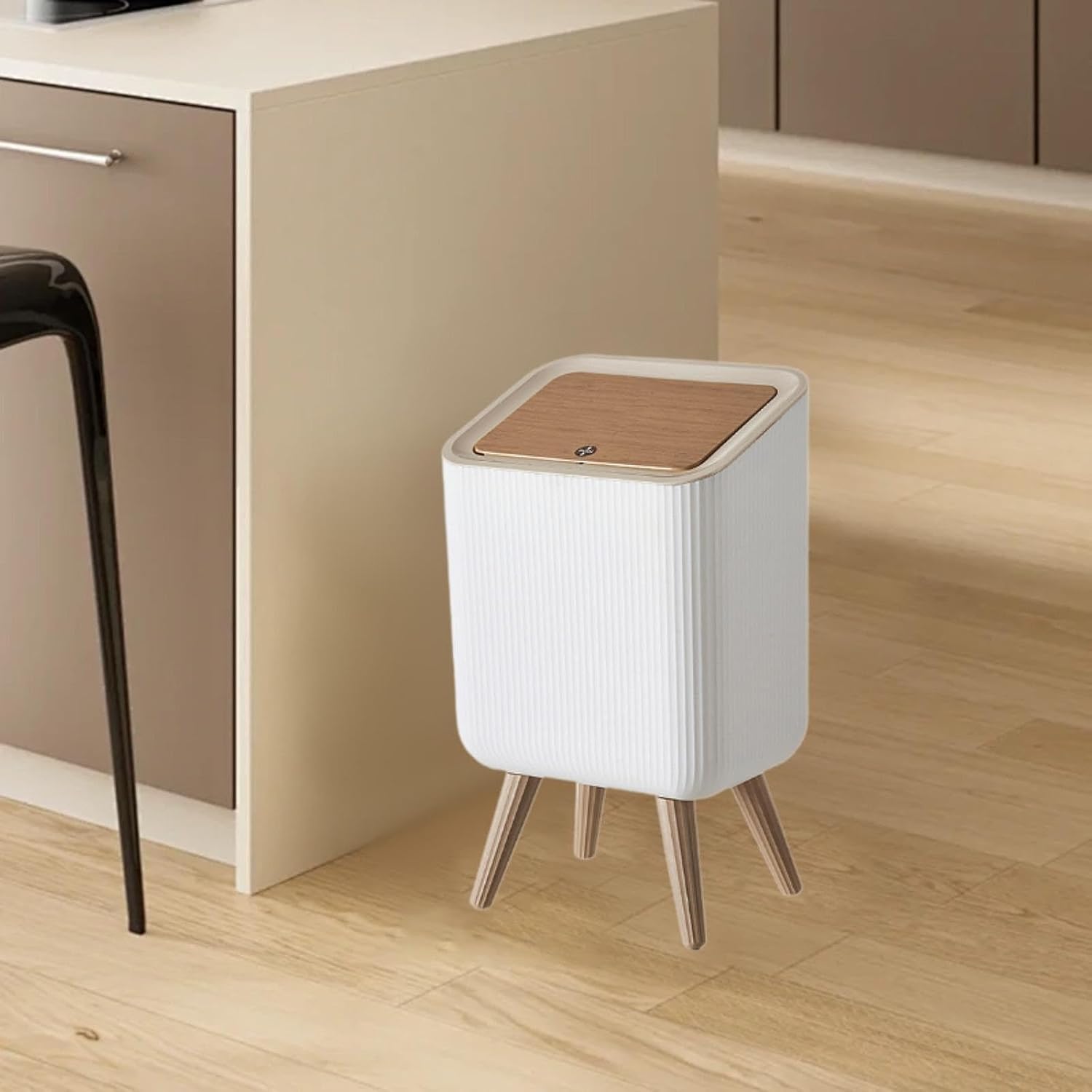 Modern Push Top Trash Can with Lid Placed at Kitchen.