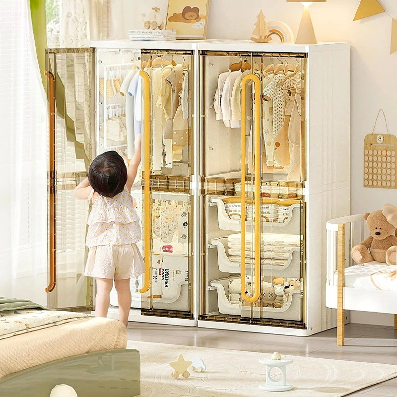 A Child is Picking Her Clothes From Modern Wardrobe Cloth Storage Cabinet Rack Organized with Clothes.