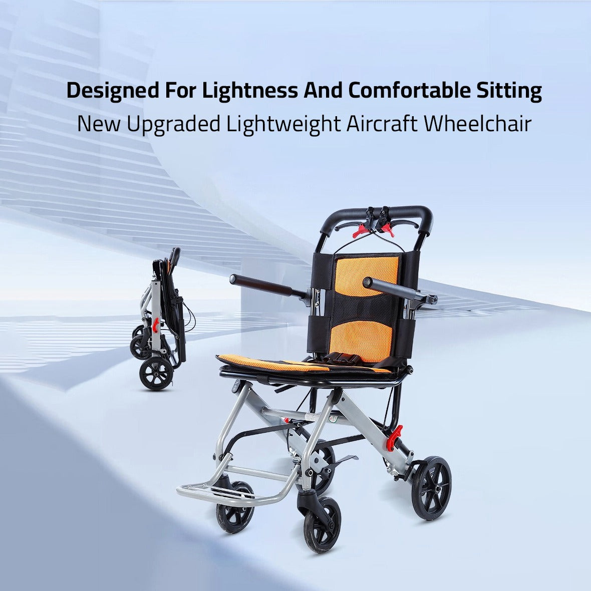 Portable Folding Travel Wheelchair in Folded and Unfloded Modes.