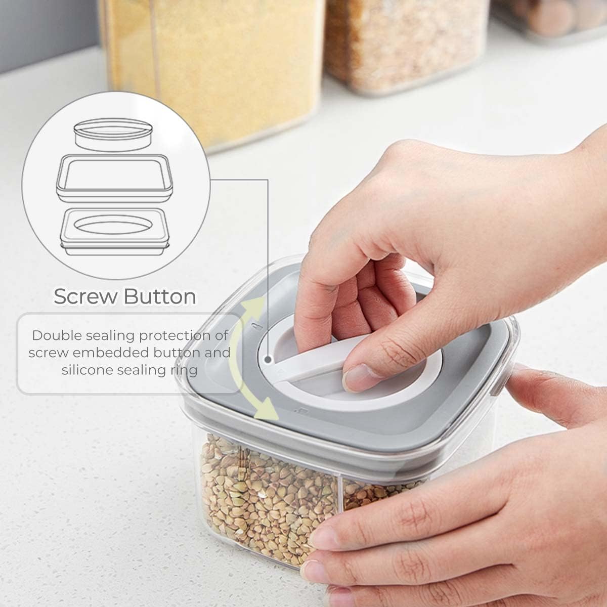 Someone is taking the top off the Airtight Cereal Storage Containers