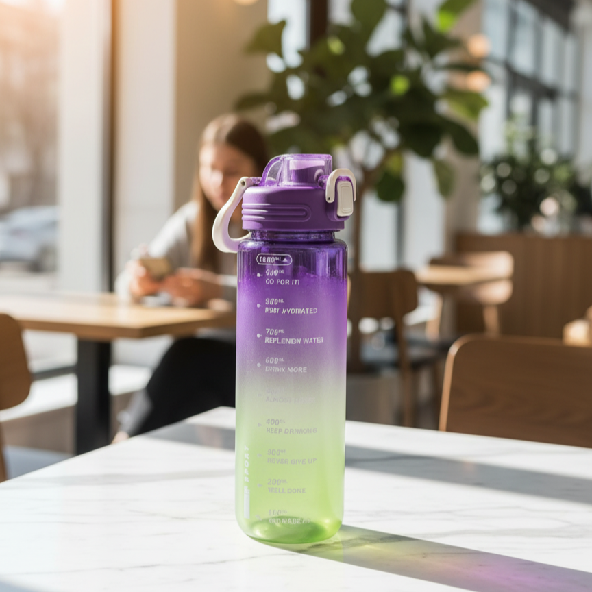 Motivational Water Bottle Placed on a Table.