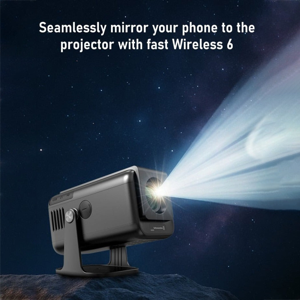 Moxedo Astra Smart Android Projector emitting light with text overlay on a dark space-themed background