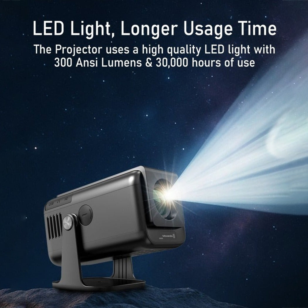 Moxedo Astra Smart Android Projector with LED light on a dark background, highlighting usage time and lumens.