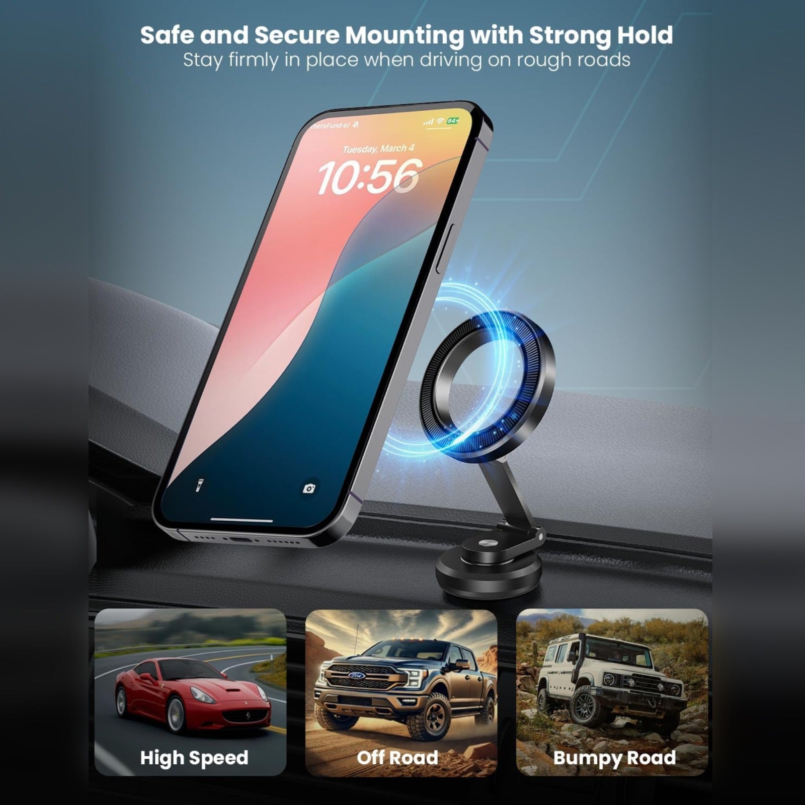 A Phone is Placed On a Moxedo Snap-On Magnetic Car Phone Holder Attached On the Car Dashoard.