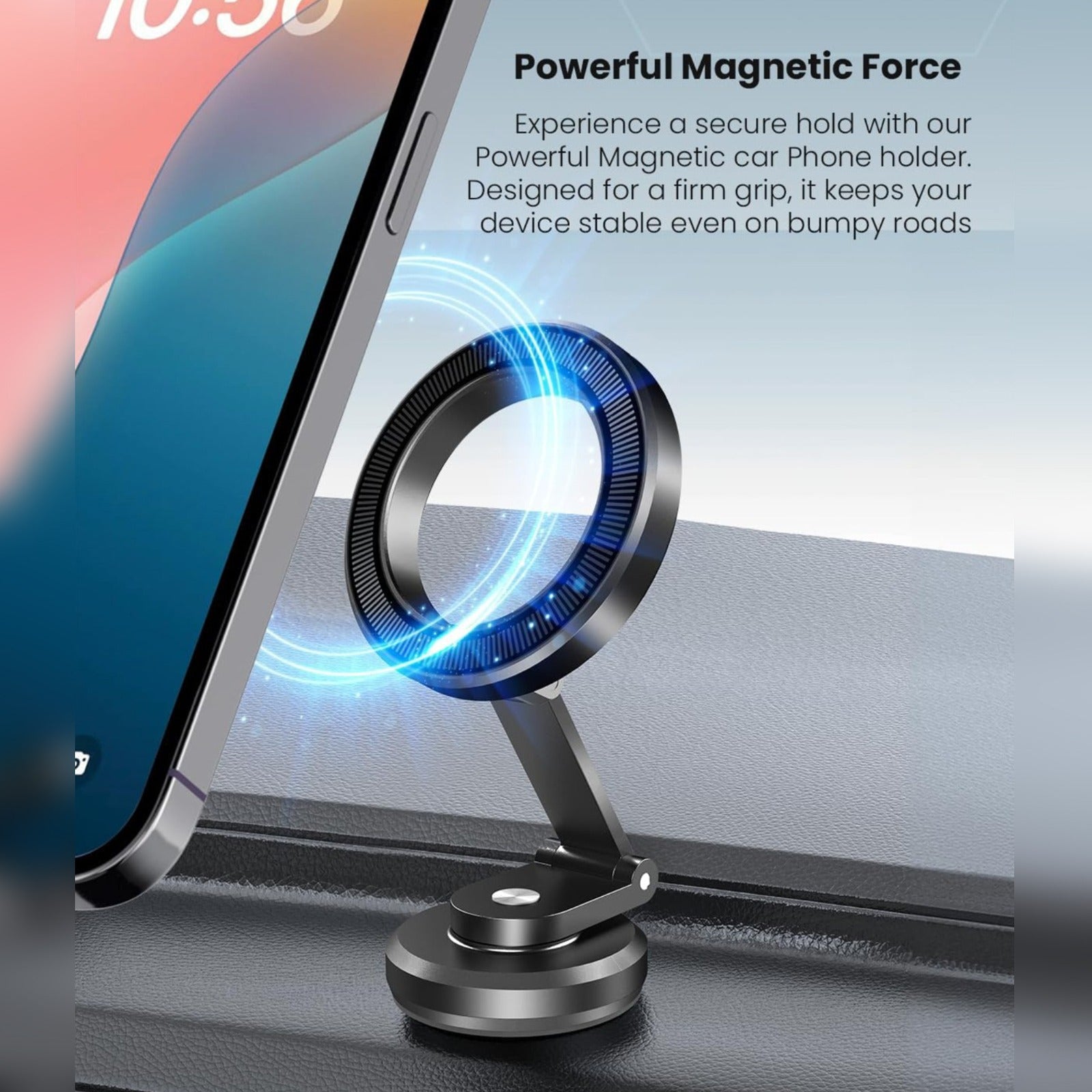 Moxedo Snap-On Magnetic Car Phone Holder Attached on the Car Dashboard.