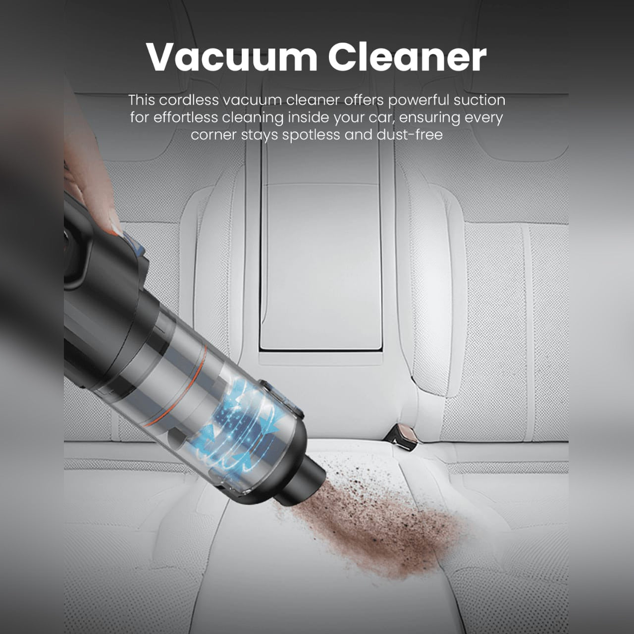 Someone is Cleaning Car Seat Using Moxedo Cordless Handheld Vacuum Cleaner.