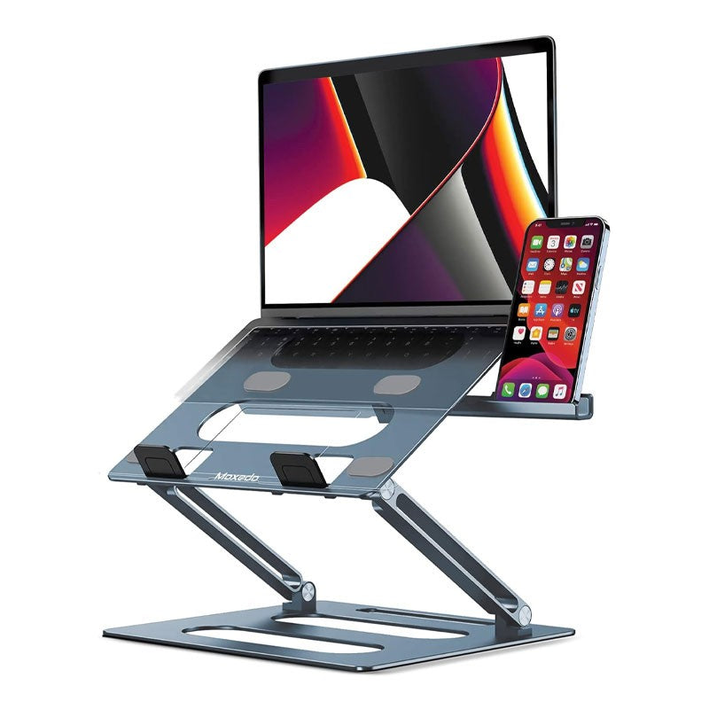 A Laptop and Mobile Phone is Placed On Moxedo Foldable Laptop Stand with Phone Holder
