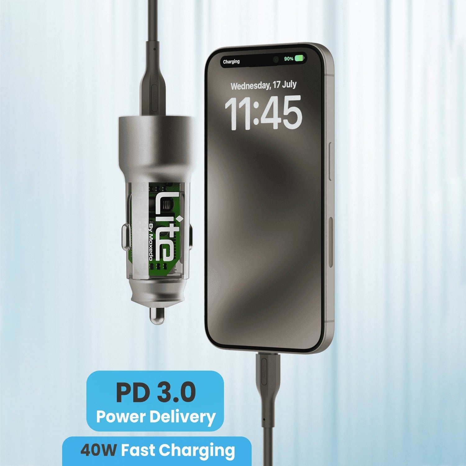 A Moxedo Lite 40W Fast Car Charger plugged into a smartphone, shown on a light blue background with promotional text overlays.
