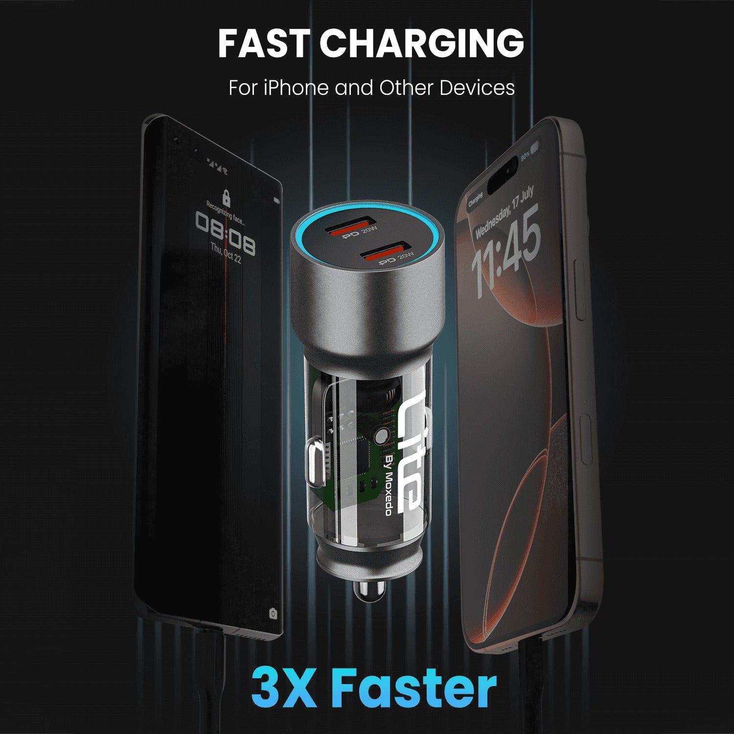 A Moxedo Lite 40W Fast Car Charger with two USB-C ports and one USB-A port, shown charging two smartphones. The product has a metallic silver and black body with a blue LED light ring.