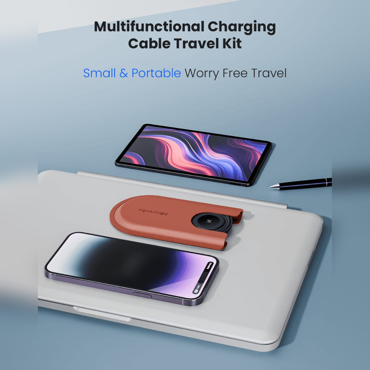 Moxedo Multi-Function Mini Charging Cable Conversion Travel Kit is Kept Along with Laptop and Phone.