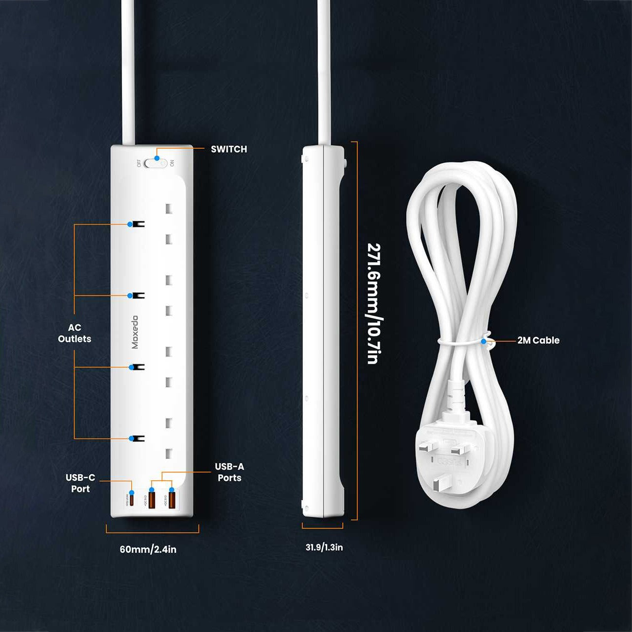 White Moxedo Power Strip Surge Protector with labeled ports and dimensions on a dark background