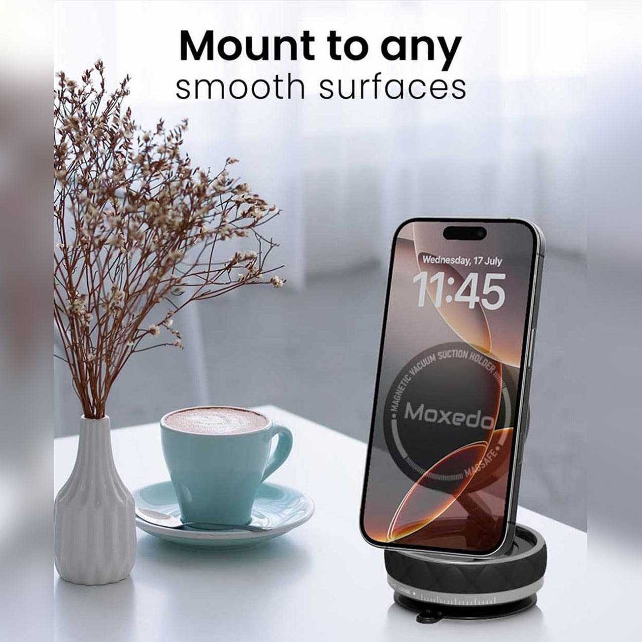 Moxedo Snap-On Magnetic Vacuum Suction Holder Holding Mobile Phone.