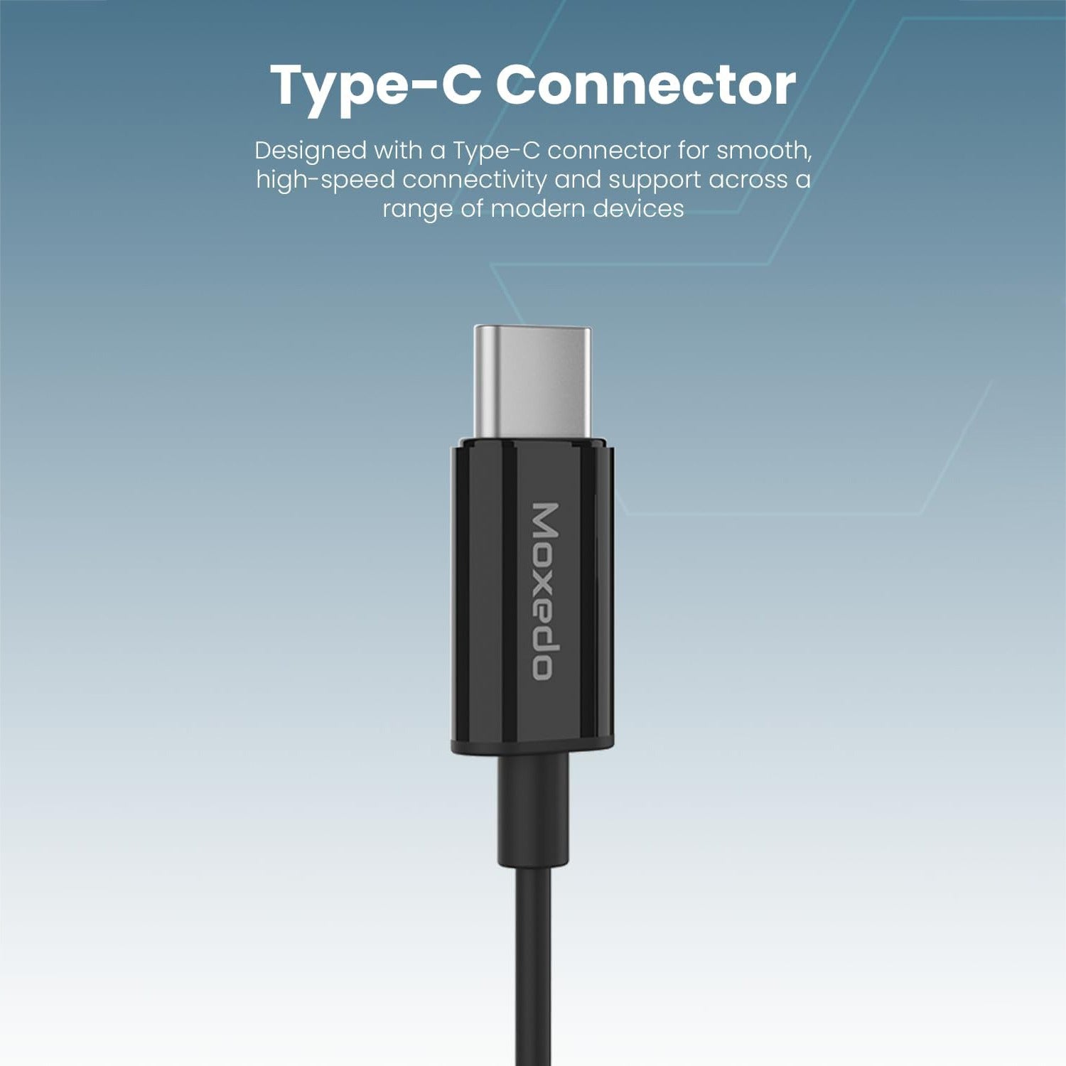 A Moxedo Wired Stereo Earphone with Type-C connector cable shown against a blue gradient background with descriptive text at the top.