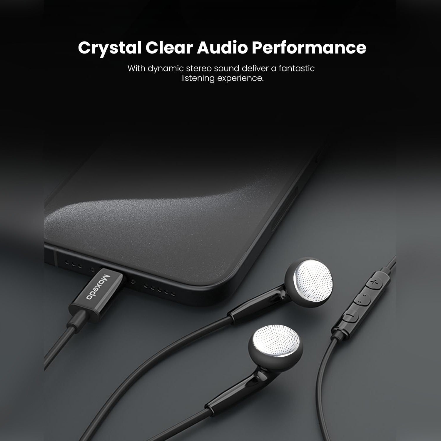 Black Moxedo Wired Stereo Type- C Earphone with a 3.5mm jack, shown connected to a laptop with promotional text at the top reading 'Crystal Clear Audio Performance'.