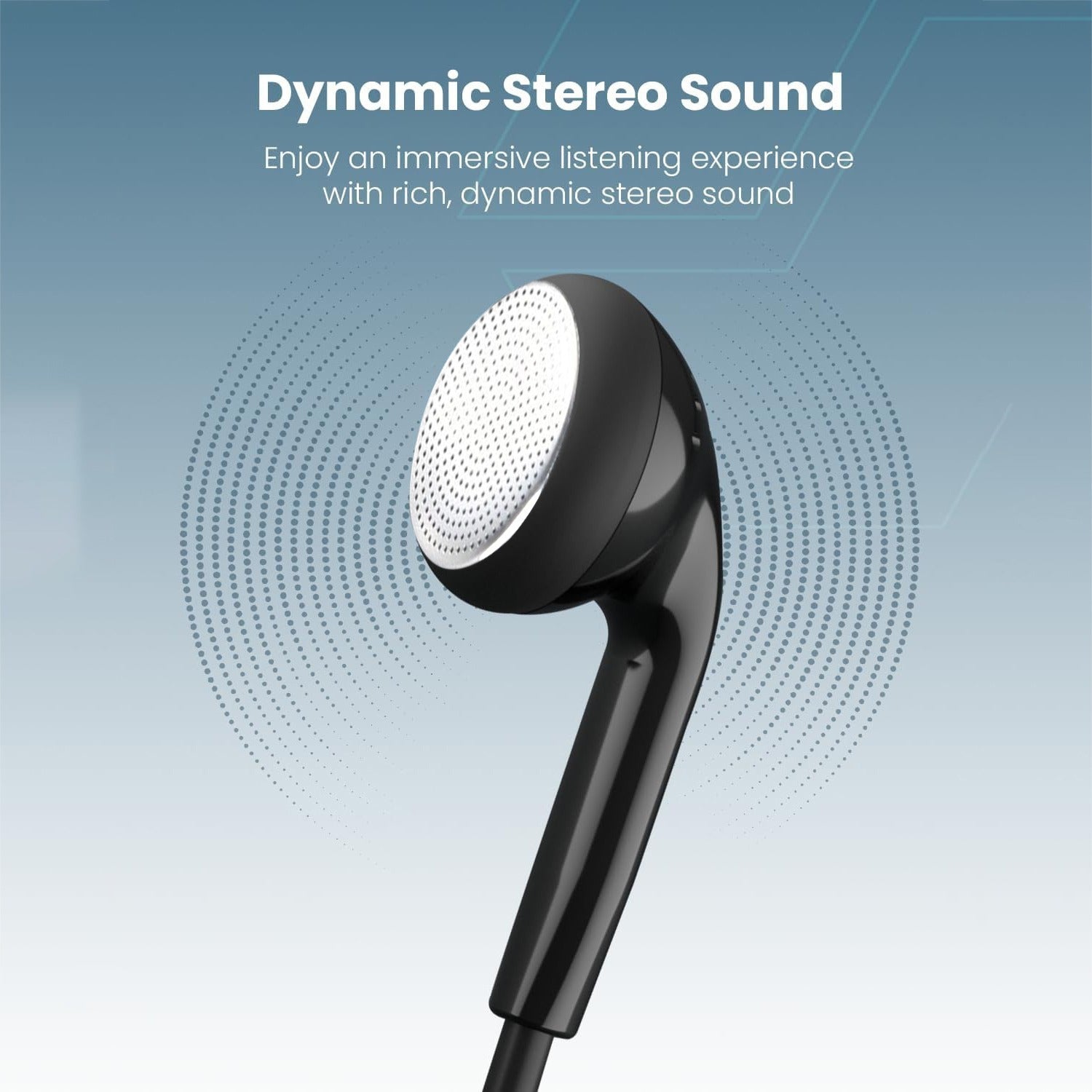 Moxedo Wired Stereo Type- C Earphone shown on a blue gradient background with text reading 'Dynamic Stereo Sound' and a dotted sound wave graphic.