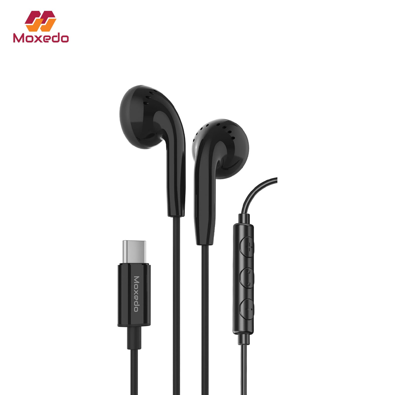 Black Moxedo Wired Stereo Type- C Earphone with a USB-C connector and inline control module, shown on a white background with the Maxedo logo in the top-left corner.