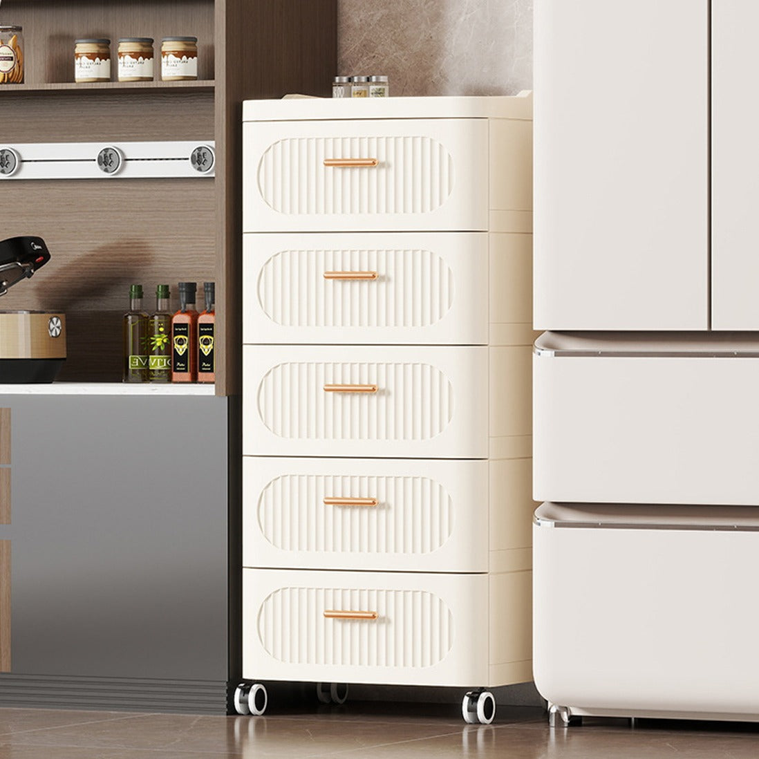 A Multi-Drawer Storage Cabinet is Placed at the Corner of the Kitchen.