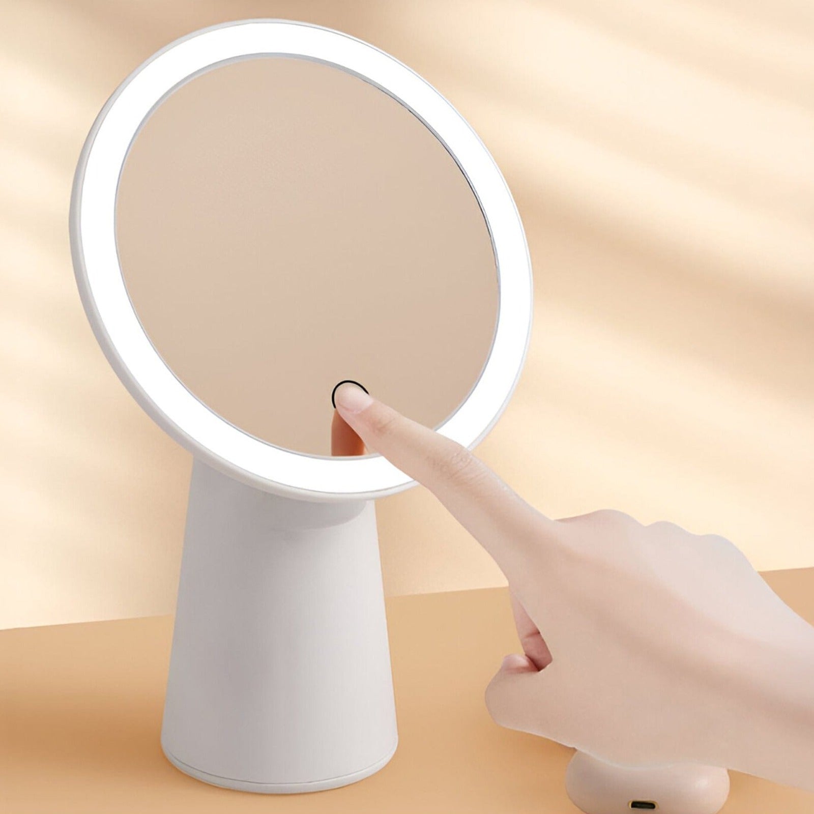 A Person is Operating Multi-Functional Beauty Makeup Mirror.