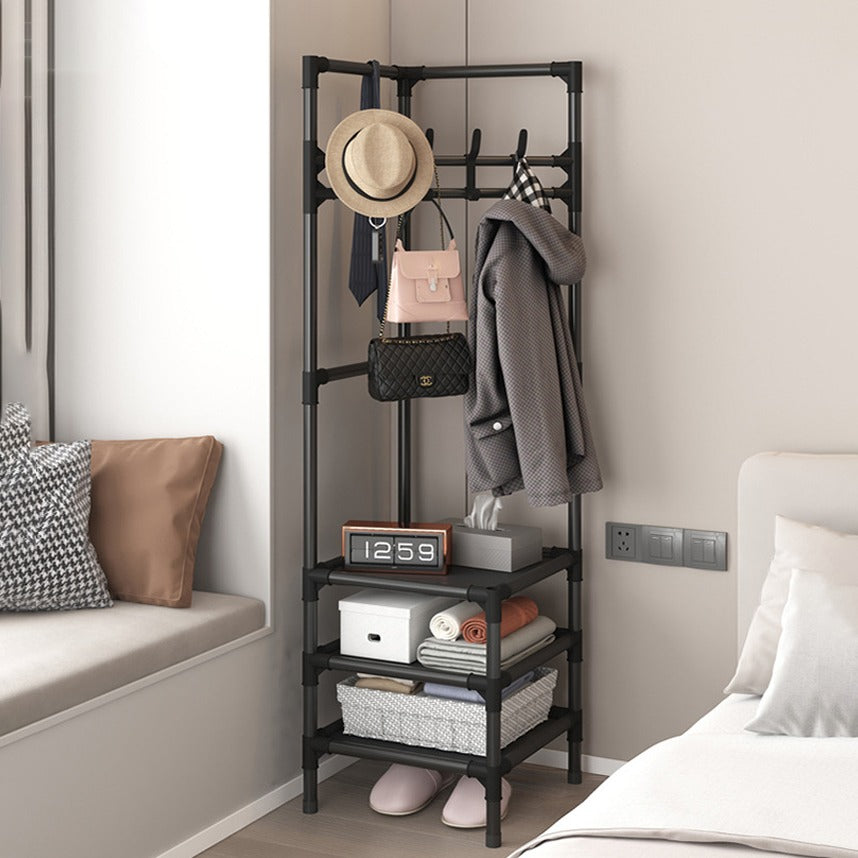 Multi-Layer Clothing Rack with Cloth, Bags and Hat are Organized.