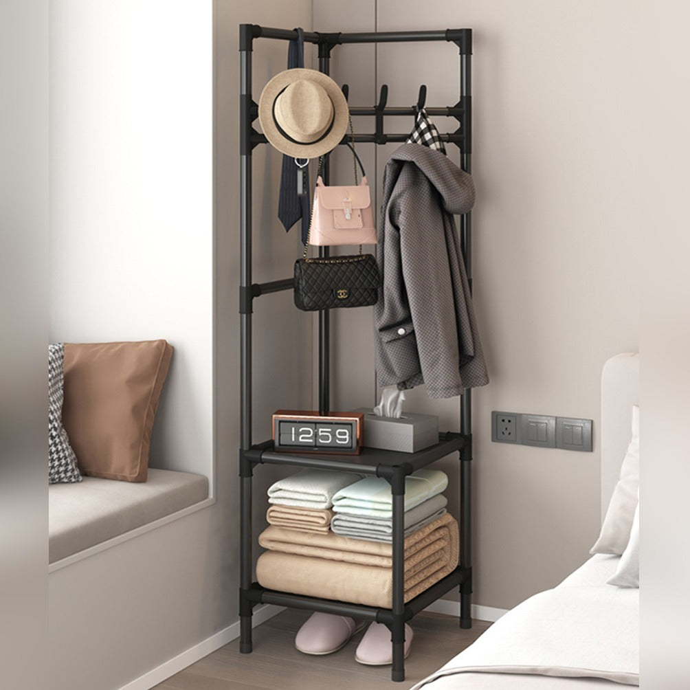 Multi-Layer Clothing Rack with Cloth, Bags and Hat are Organized.