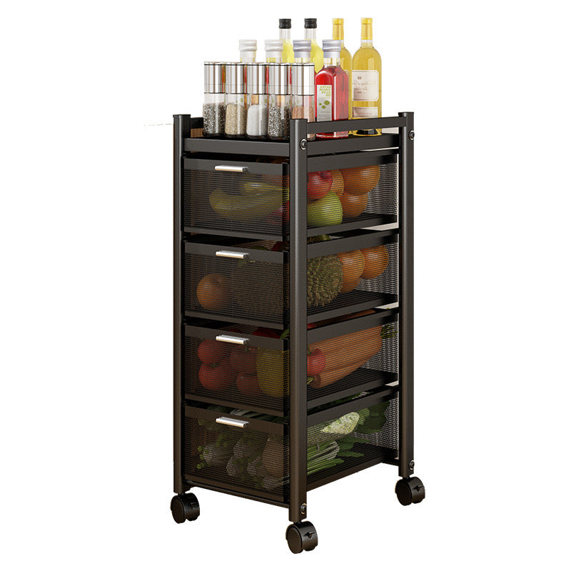 Black Multi-Layer Drawer Kitchen Trolley Rack Organized With Fruits and Vegetables.