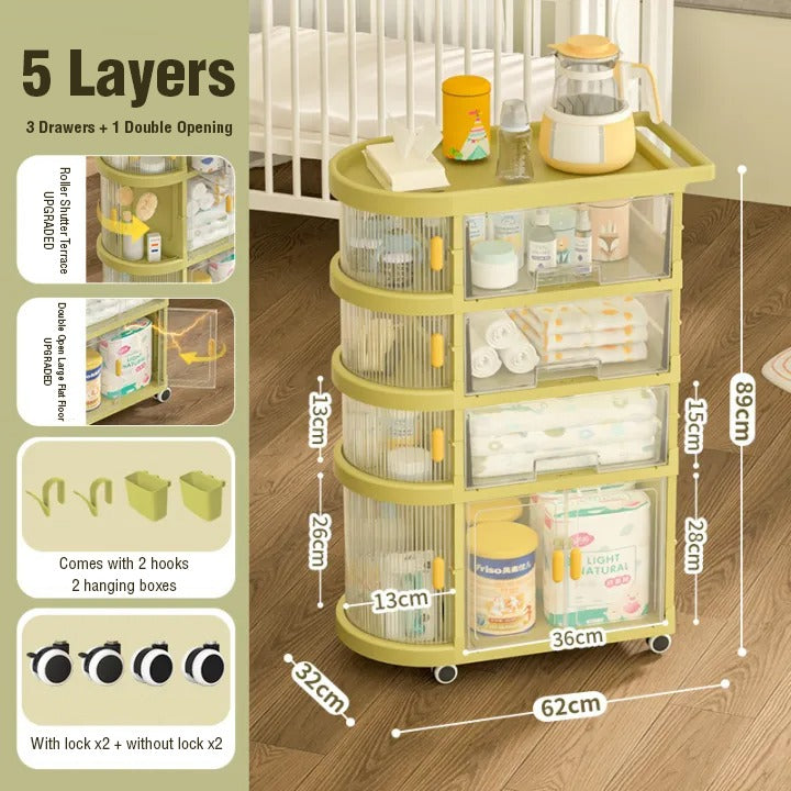Free Installation Multi-Layer Folding Trolley Storage Rack with items neatly organized with its size